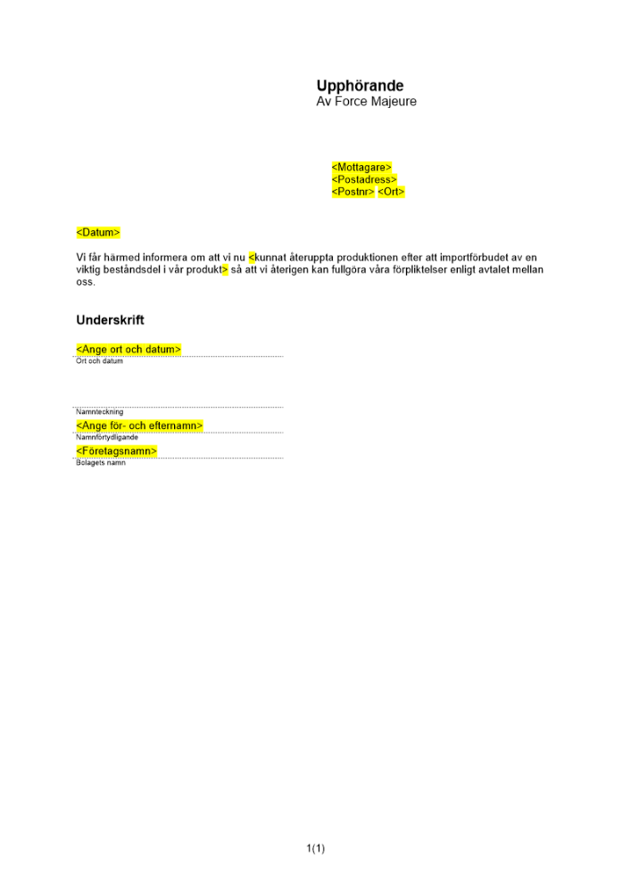 Meddelande om upphörande av force majeure