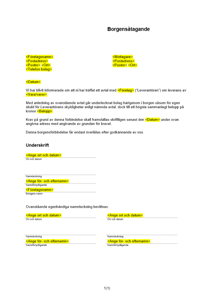Borgensåtagande för viss leverans
