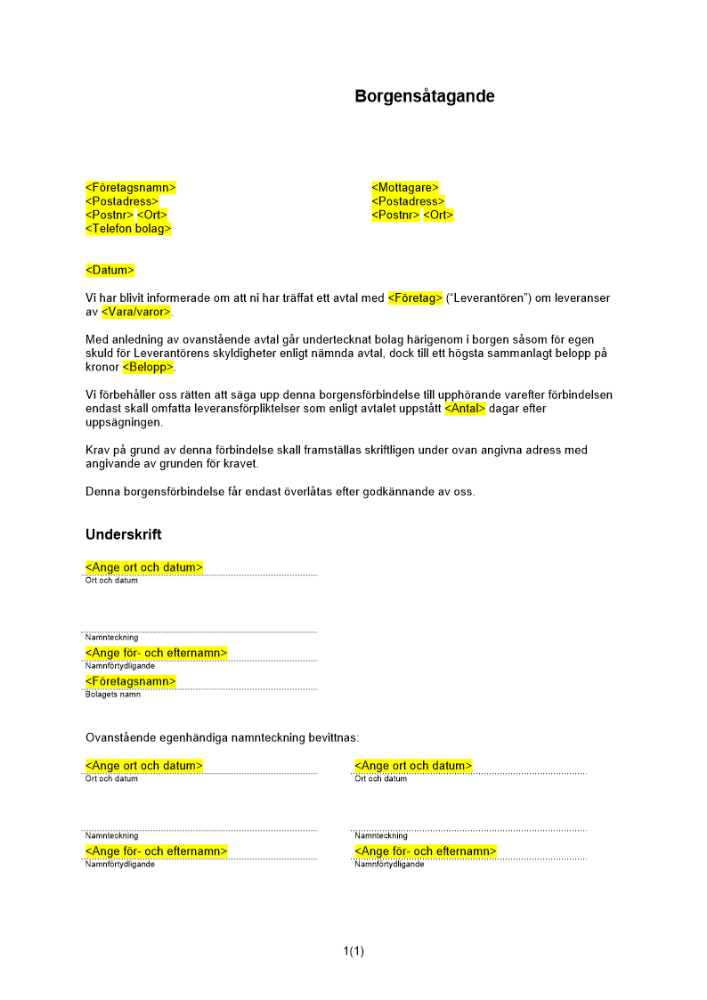 Borgensåtagande för successiva leveranser