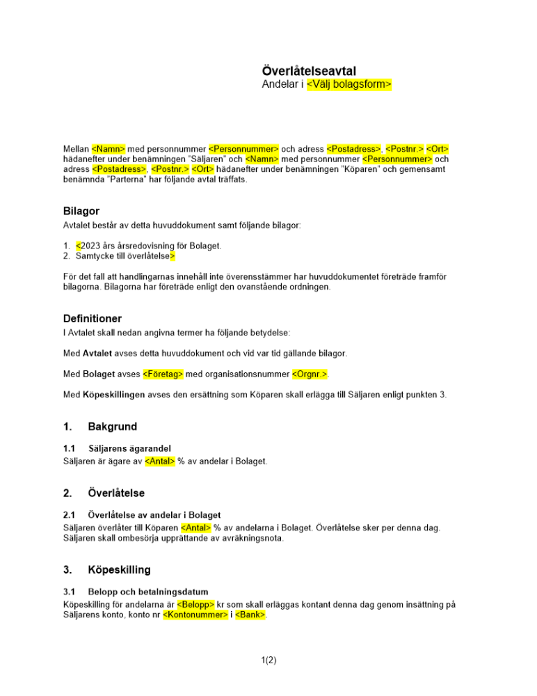 Avtal om överlåtelse av andelar (HB-KB)