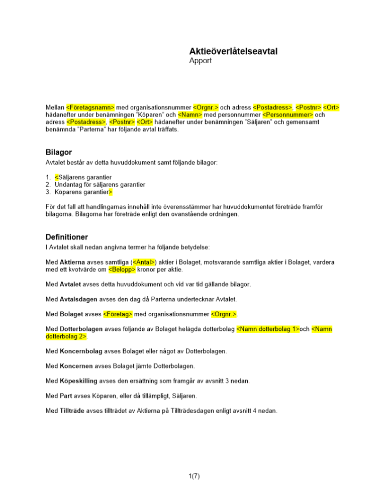 Avtal om överlåtelse av aktier (Apport)
