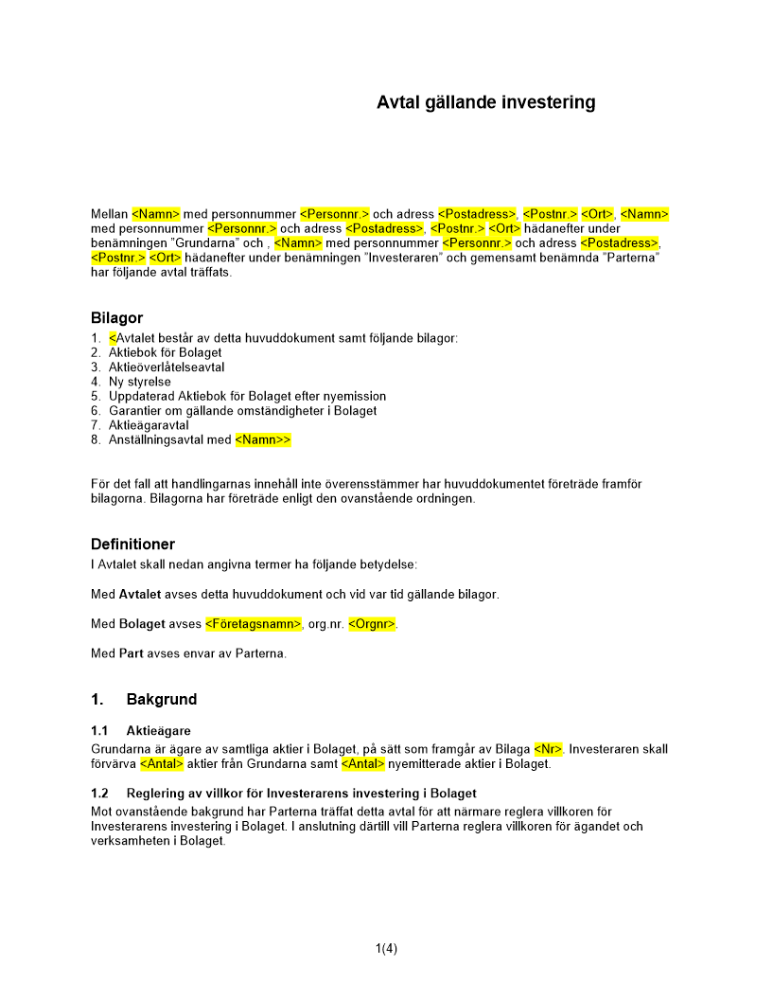 Investeringsavtal - Komb köp och nyemission av aktier