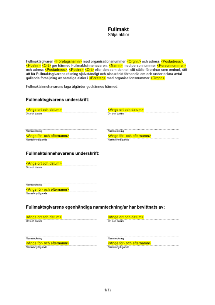 Fullmakt att sälja aktier