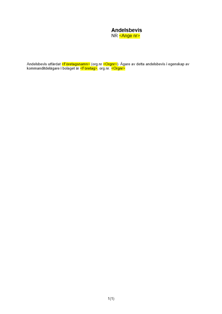 Andelsbevis (Kommanditbolag, kommanditdelägare) - Framsida