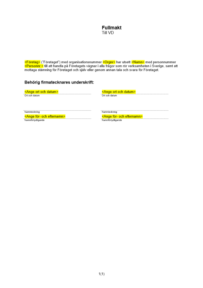 Fullmakt till VD (Filial)