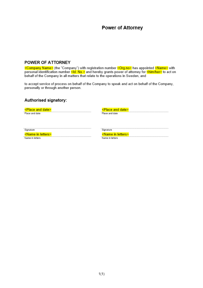 Fullmakt till VD (Filial) Engelsk