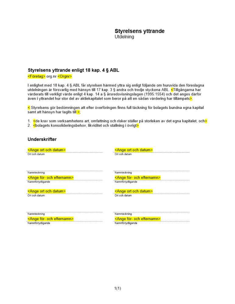 Styrelsens yttrande enl 18 kap 4 § ABL (Utdelning)