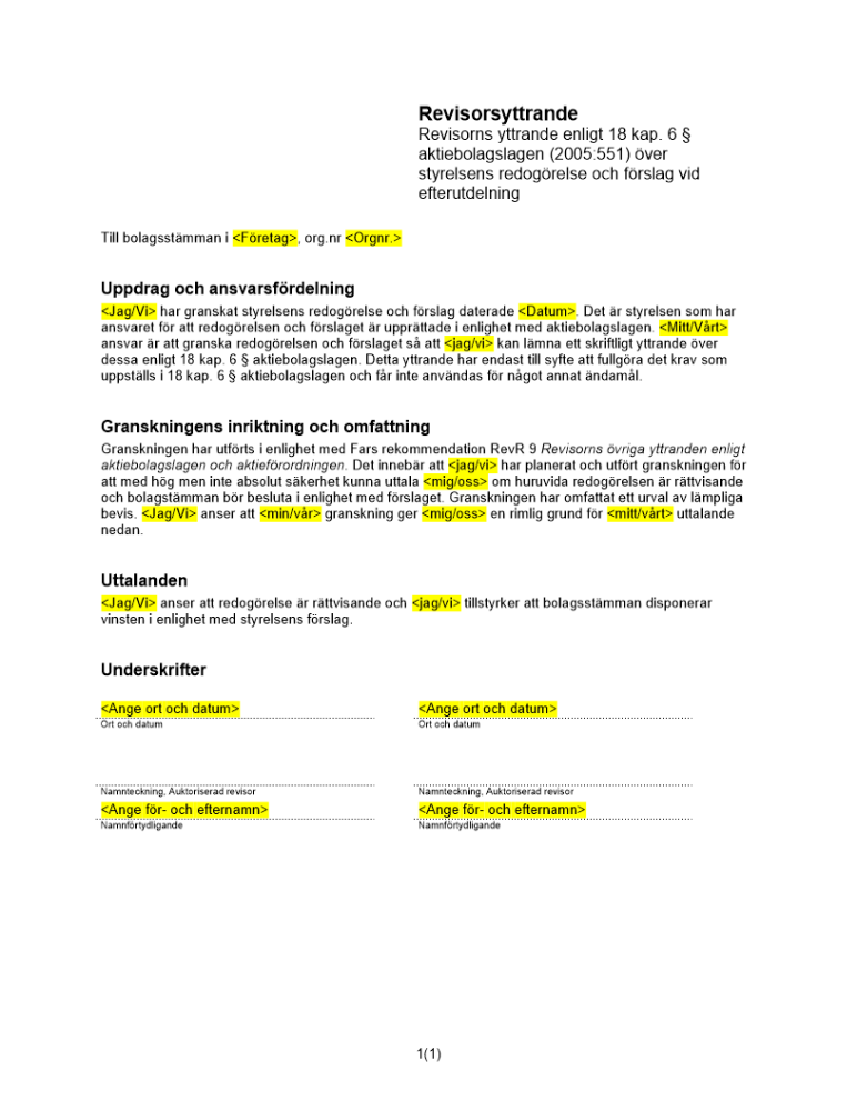 Revisorsyttrande enl 18 kap 6 § ABL (Utdelning)