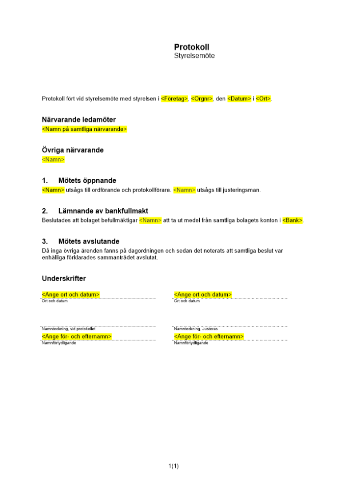 Protokoll från styrelsemöte - lämnande av bankfullmakt