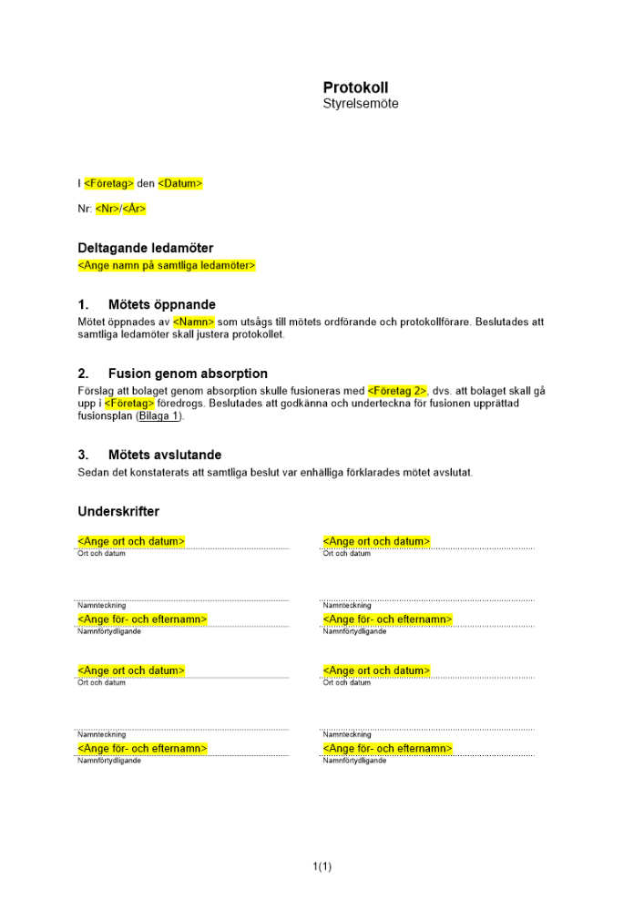 Styrelsemöte (Överlåtande bolag)