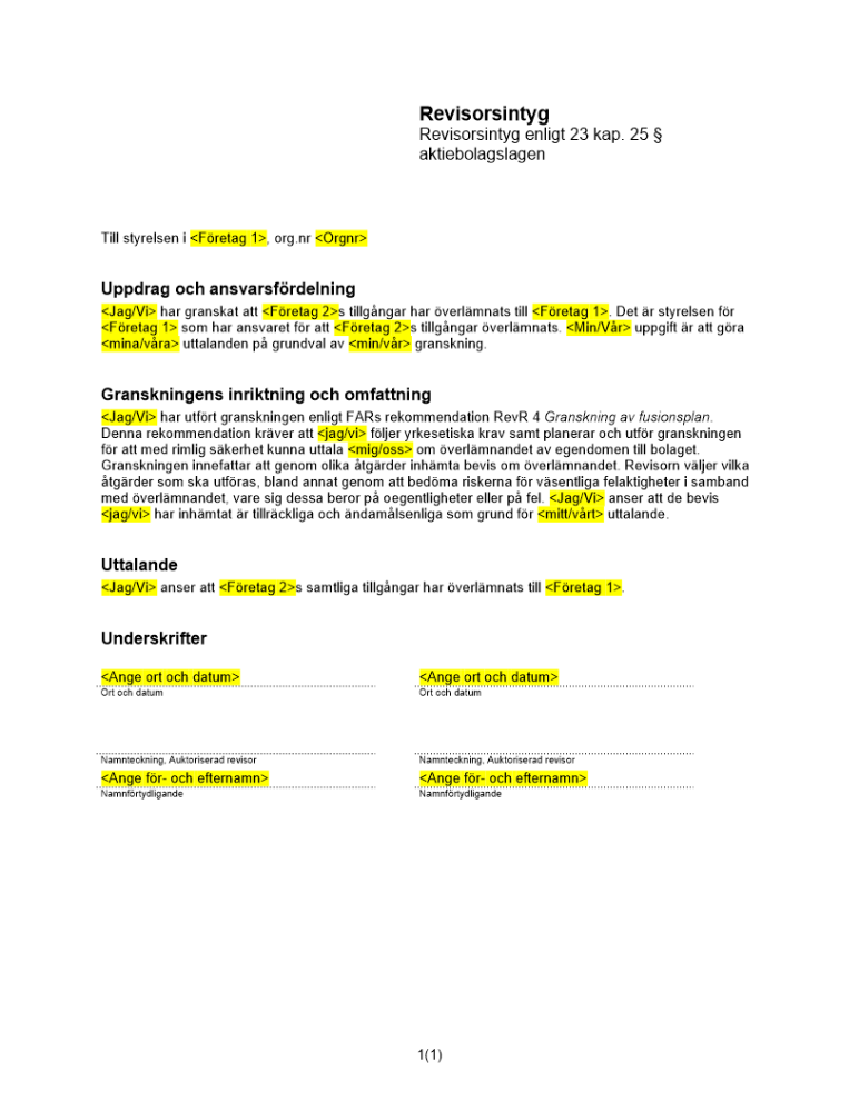 Revisorsintyg enl 23 kap 25 § ABL