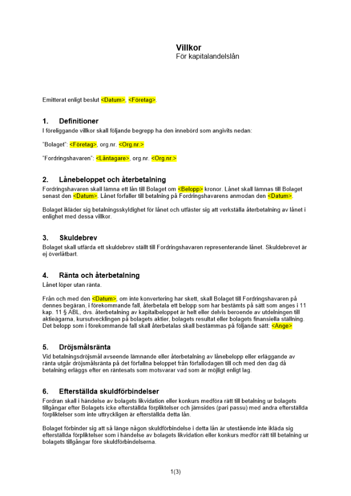 Villkor för kapitalandelslån
