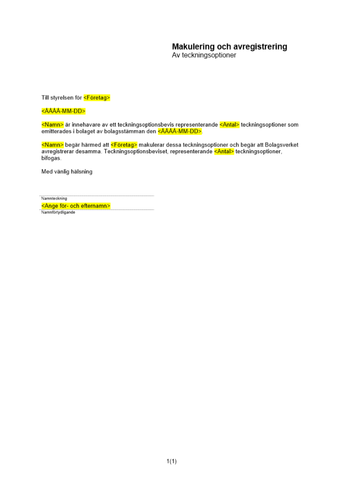 Avregistrering av teckningsoptioner