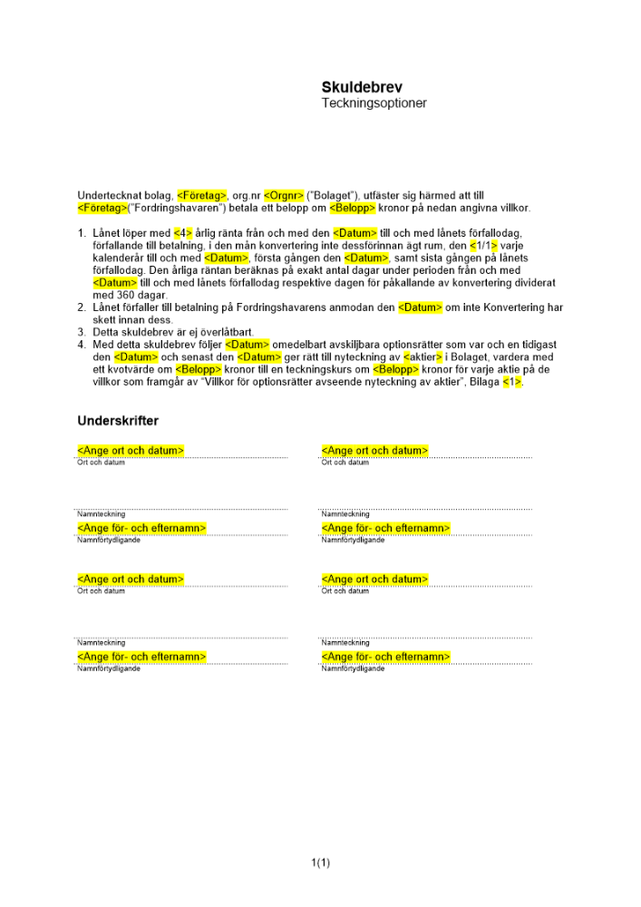 Skuldebrev (Enkelt) - Avskiljbara teckningsoptioner