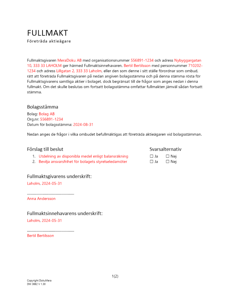 Fullmakt företräda aktieägare - Begränsad