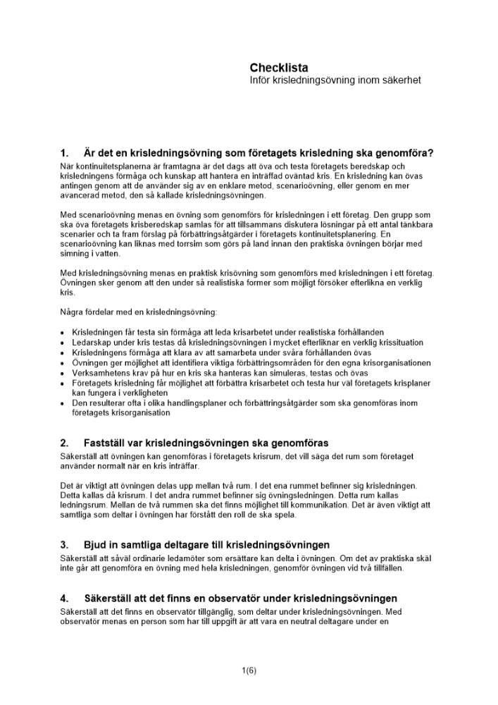 Checklista krisledningsövning säkerhet