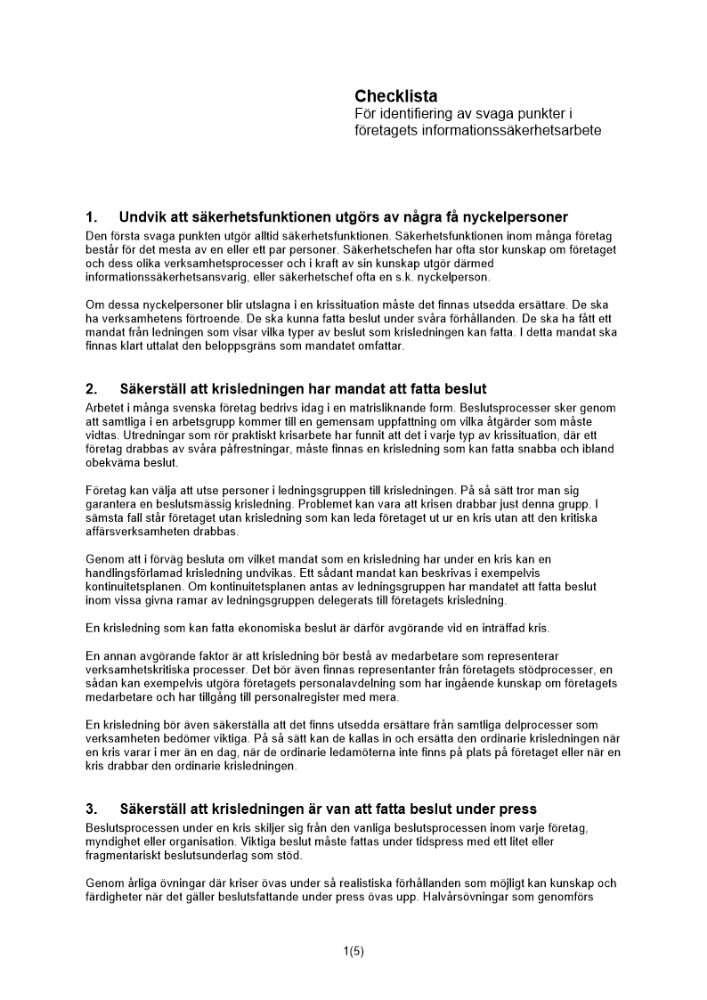 Checklista svaga punkter säkerhetsfunktion