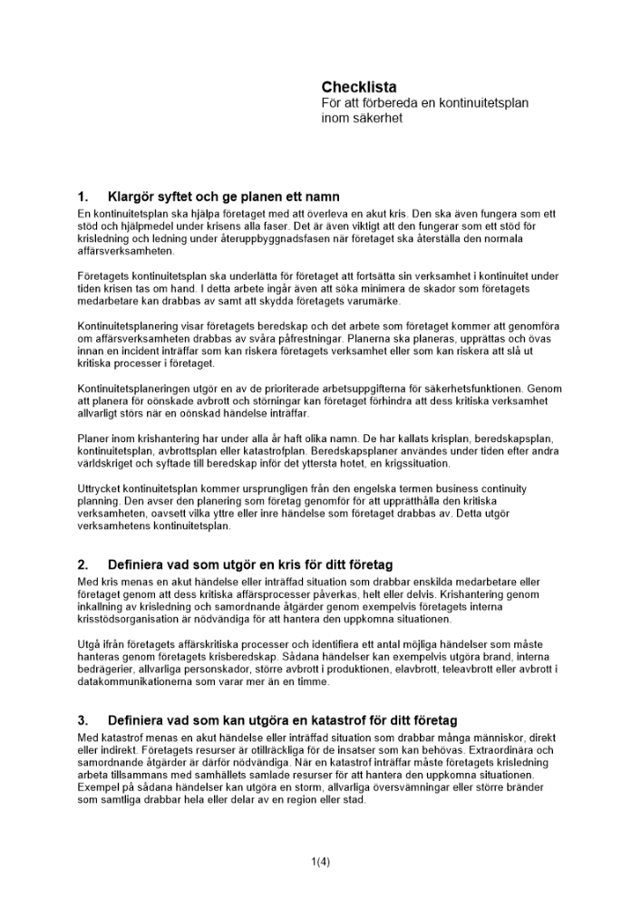 Checklista kontinuitetsplan säkerhet