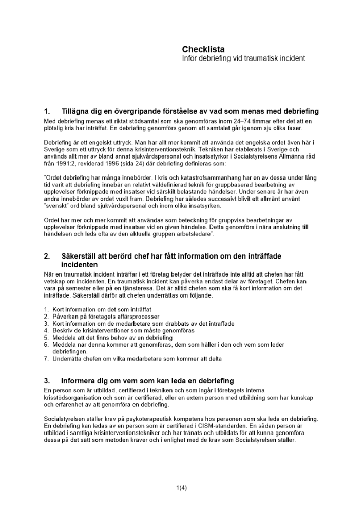 Checklista debriefing traumatisk incident