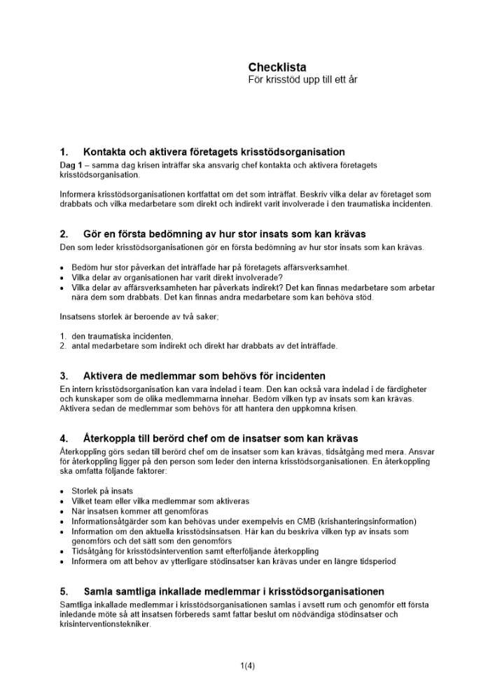 Checklista krisstöd upp till ett år