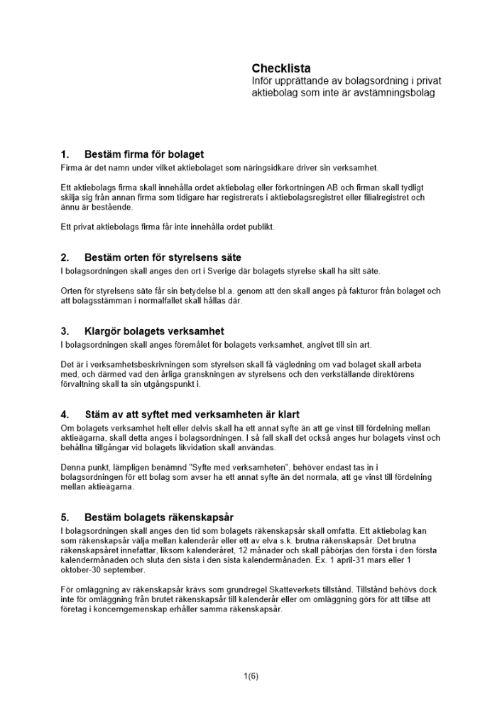 Checklista bolagsordning privat
