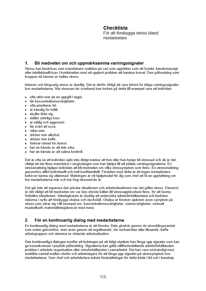 Checklista förebygga stress