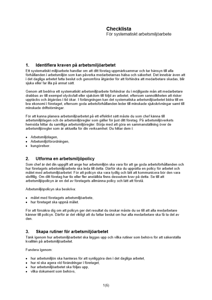 Checklista systematiskt arbetsmiljöarbete