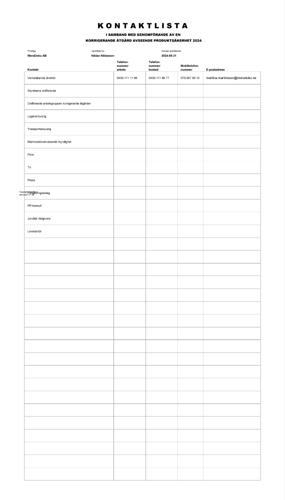 Kontaktlista korrigerande åtgärd produktsäkerhet