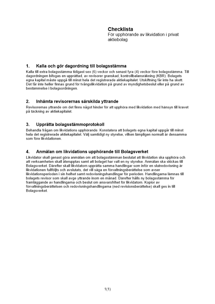 Checklista likvidations upphörande privat AB