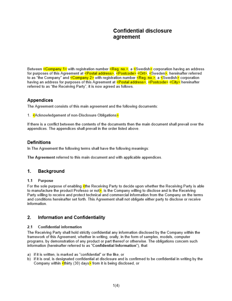 Sekretessavtal ensidigt Engelsk