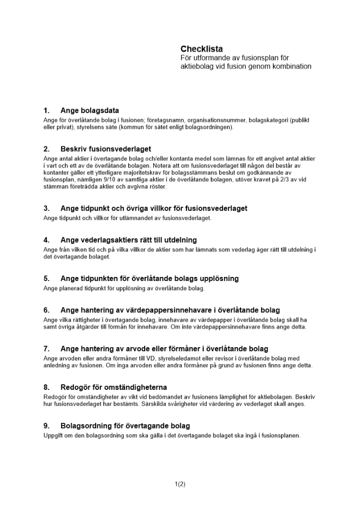 Checklista fusionsplan kombination