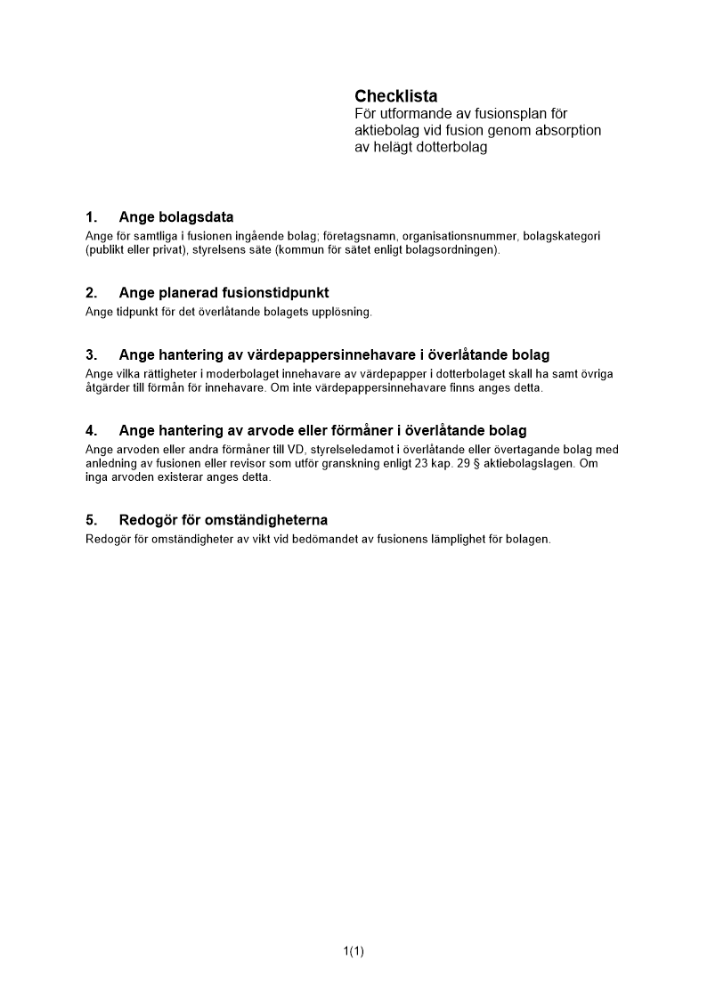 Checklista fusionsplan helägt DB