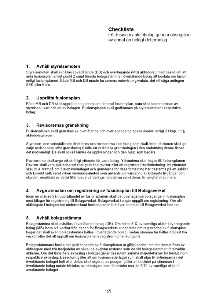 Checklista fusion ej helägt DB