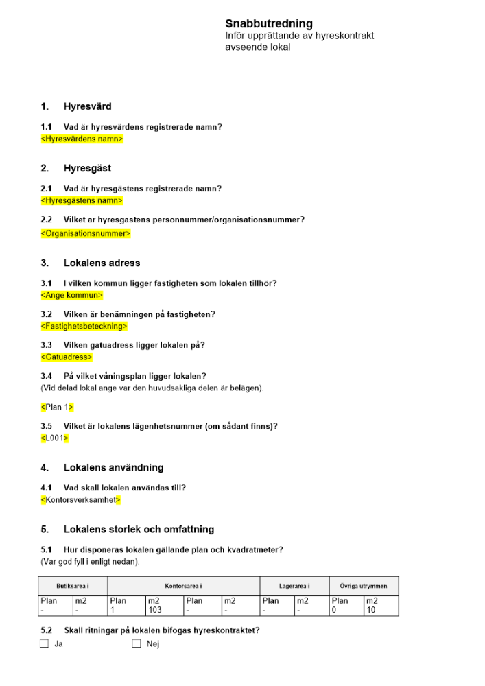 Snabbutredning hyreskontrakt lokal