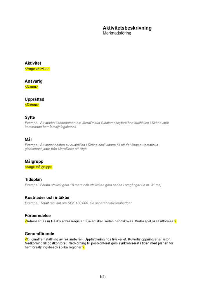 Aktivitetsbeskrivning marknadsföring