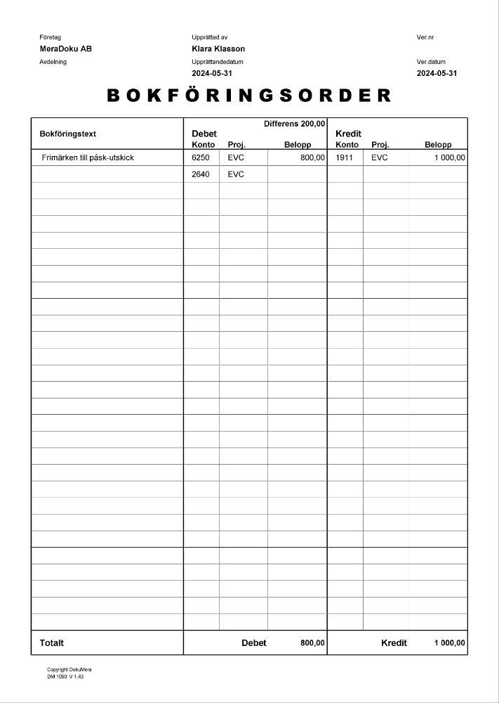 Bokföringsorder 1 sida 2 dimensioner