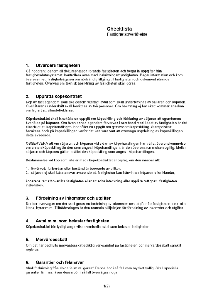 Checklista fastighetsöverlåtelse