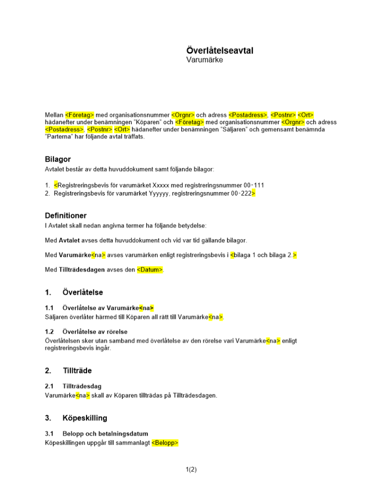 Avtal om överlåtelse varumärke I