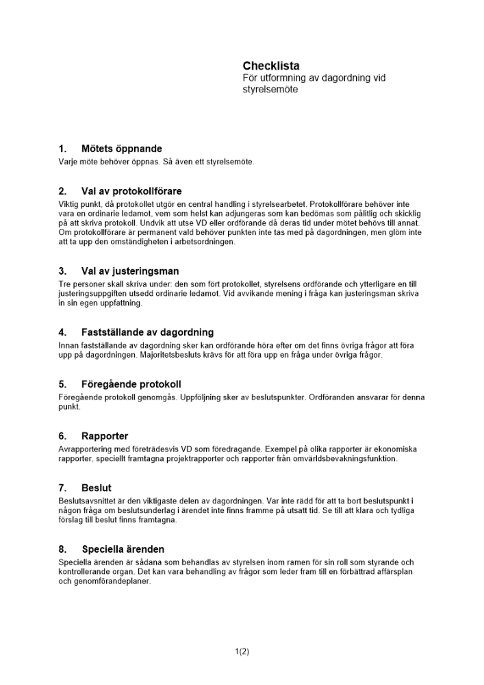 Checklista dagordning styrelsemöte