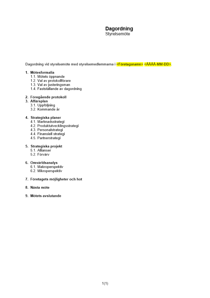 Dagordning styrelsemöte strategi