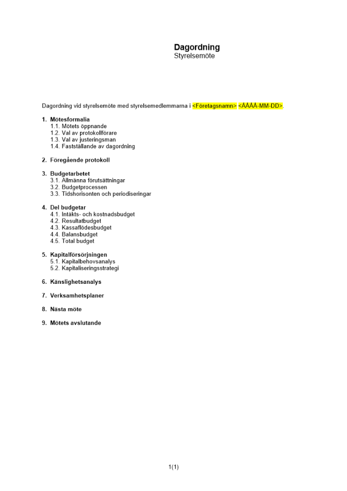 Dagordning styrelsemöte budget