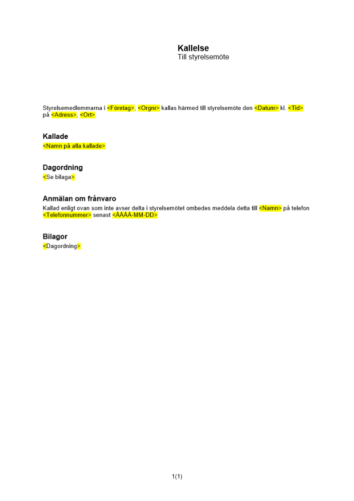 Kallelse styrelsemöte