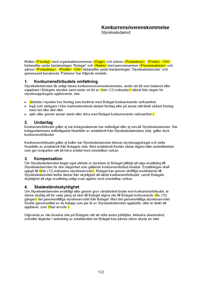 Konkurrensöverenskommelse styrelseledamot
