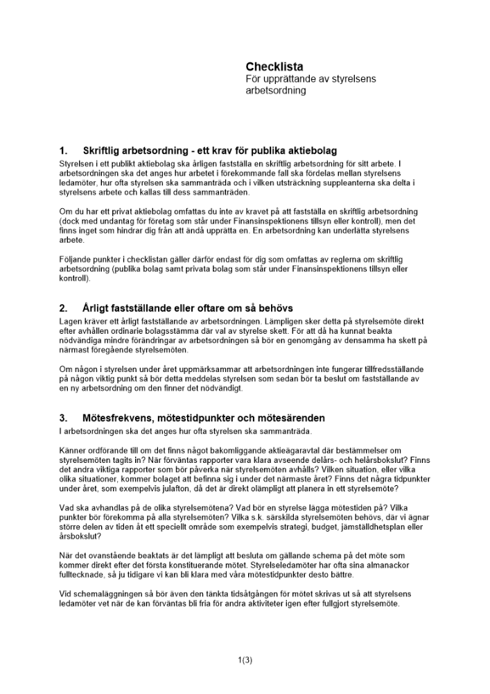 Checklista styrelsens arbetsordning