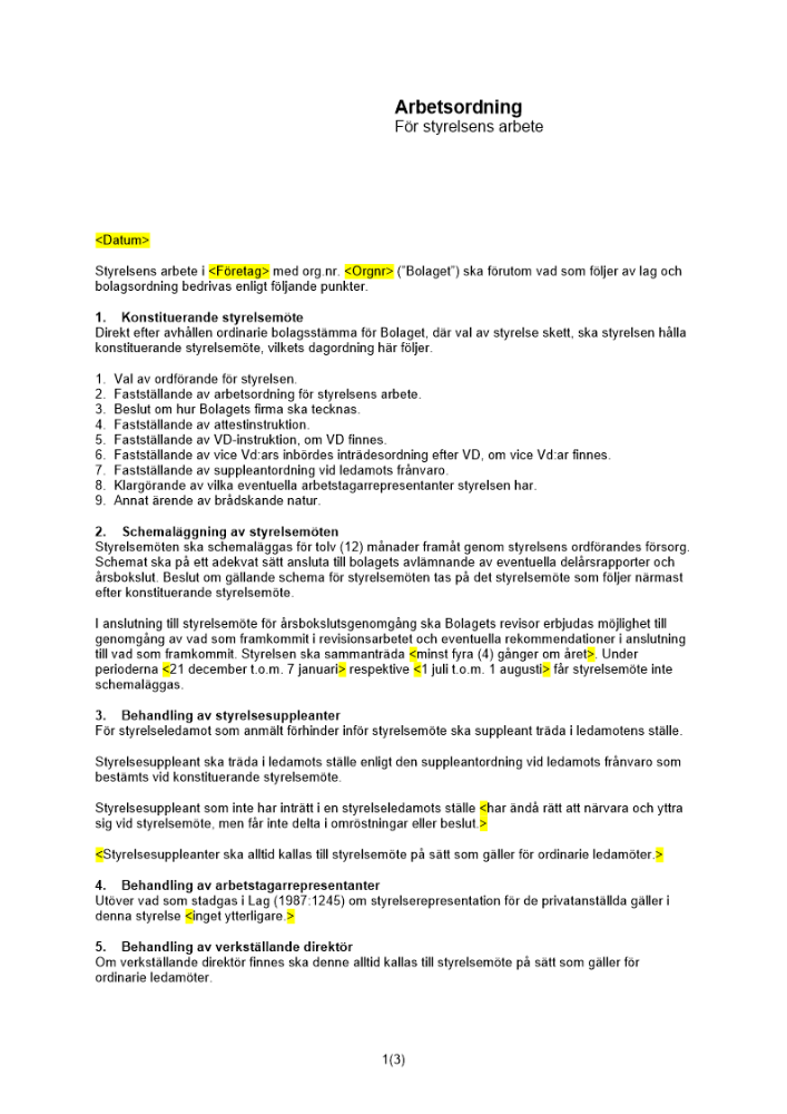 Arbetsordning styrelsens arbete