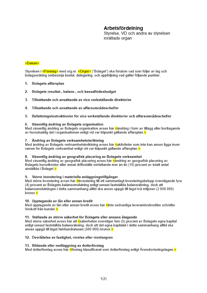Arbetsfördelning styrelse VD andra inrättade organ