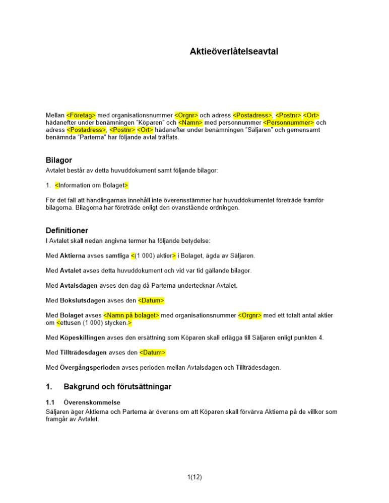 Avtal om överlåtelse av aktier - Långt avtal