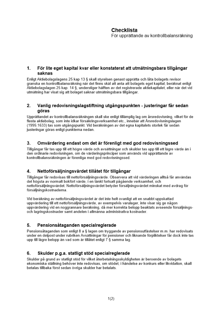 Checklista kontrollbalansräkning