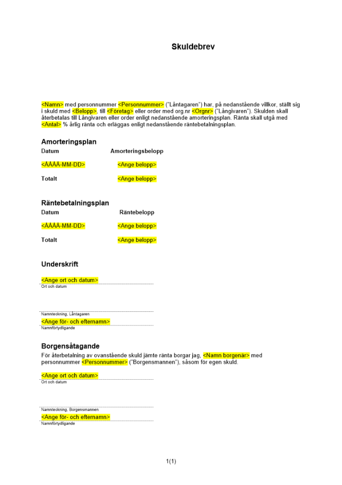 Löpande skuldebrev amorteringsplan borgen