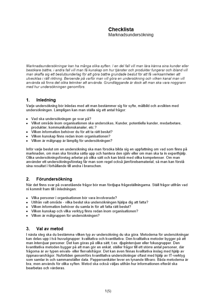 Checklista marknadsundersökning